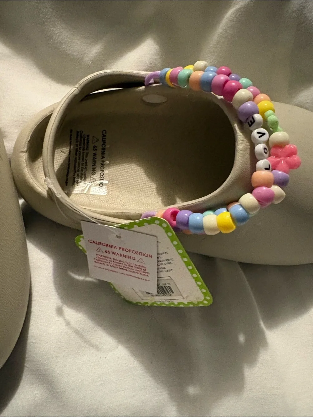 Kids Beige Clog Sandals with Colorful Bead Straps - LOVE Detail